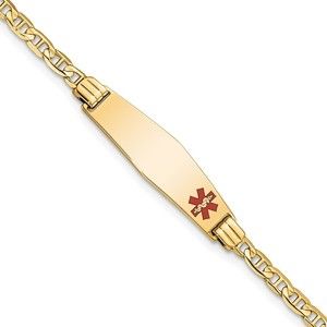 14k Yellow Gold Medical Soft Diamond Shape Red Enamel Anchor ID Bracelet, 7"